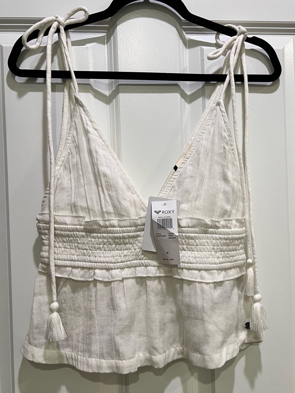 Roxy White Tie-Shoulder Smocked Waist Tank